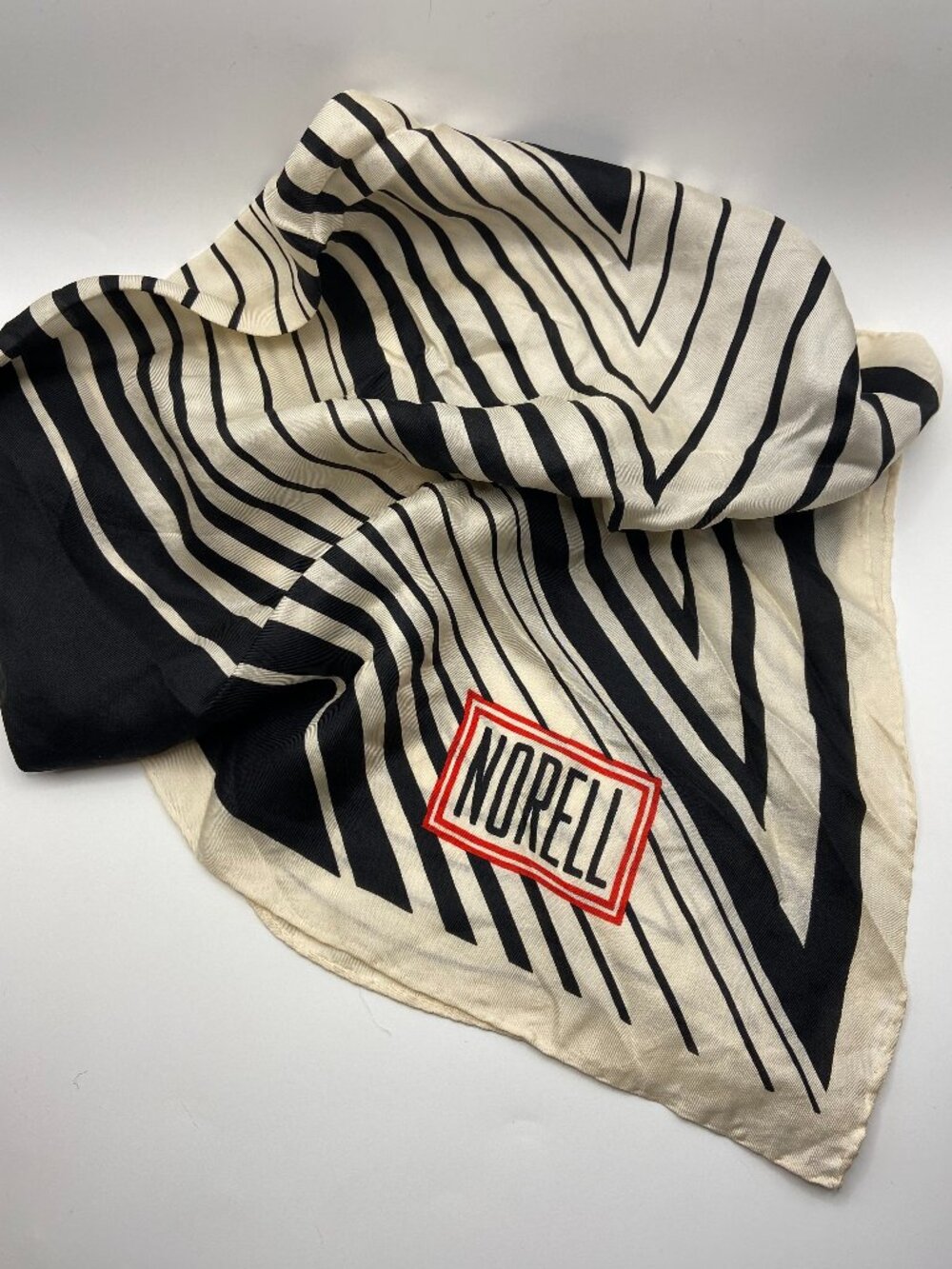 Vintage Norman Norell Scarf 60's to 70's Cream and Black Op Art Print 100% Silk